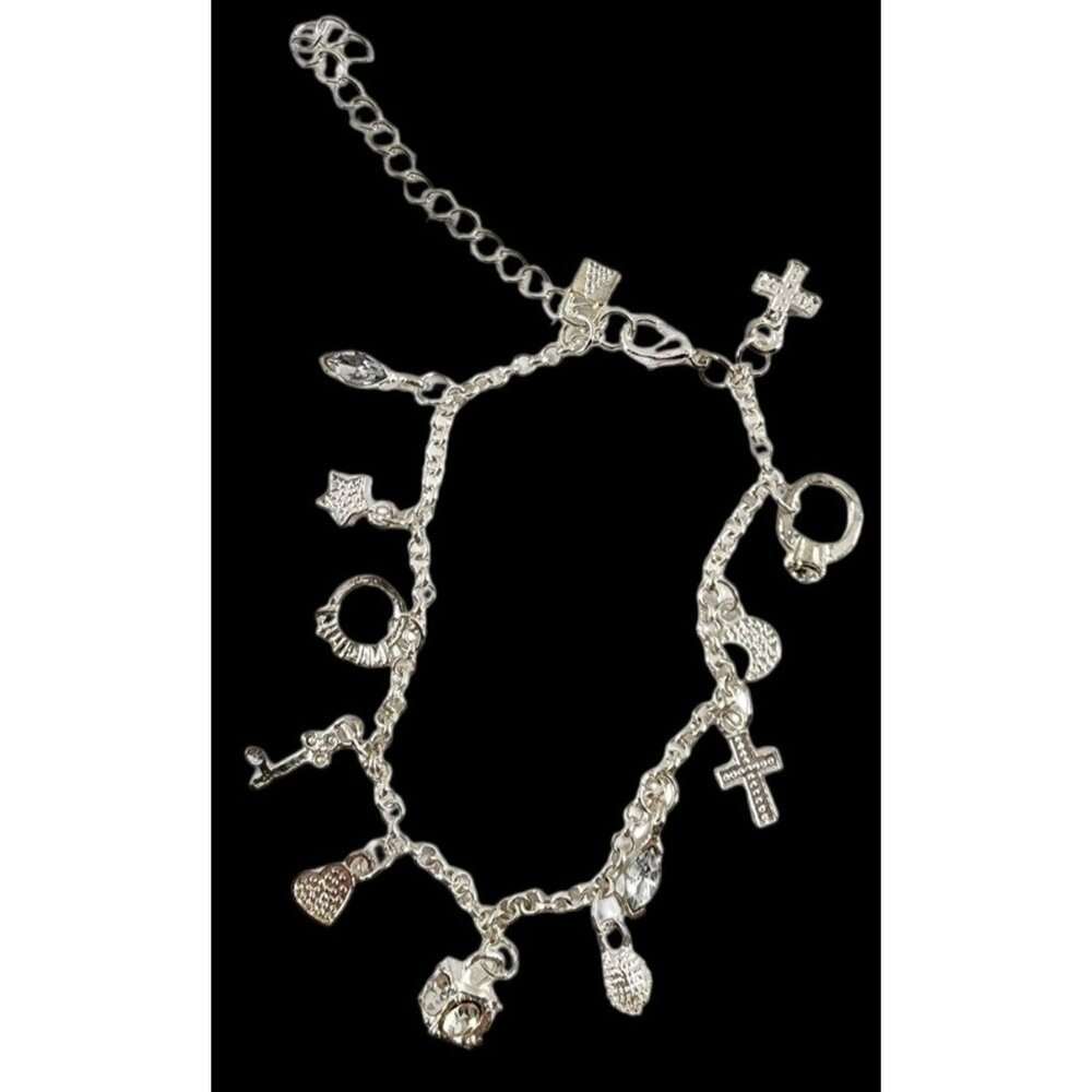 New Silver Tone Charm Bracelet Cross Rings Rhinestones Heart Key Fashion Jewelry